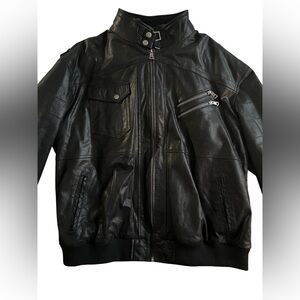 leather motorcycle jacket (with hood)